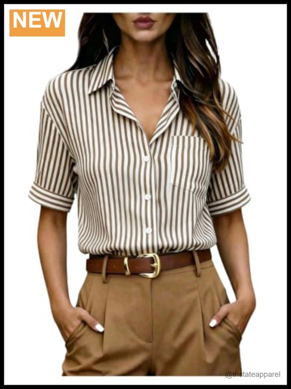 WDIRARA Striped Button Down Shirt Short Sleeve Collared Blouse for Women